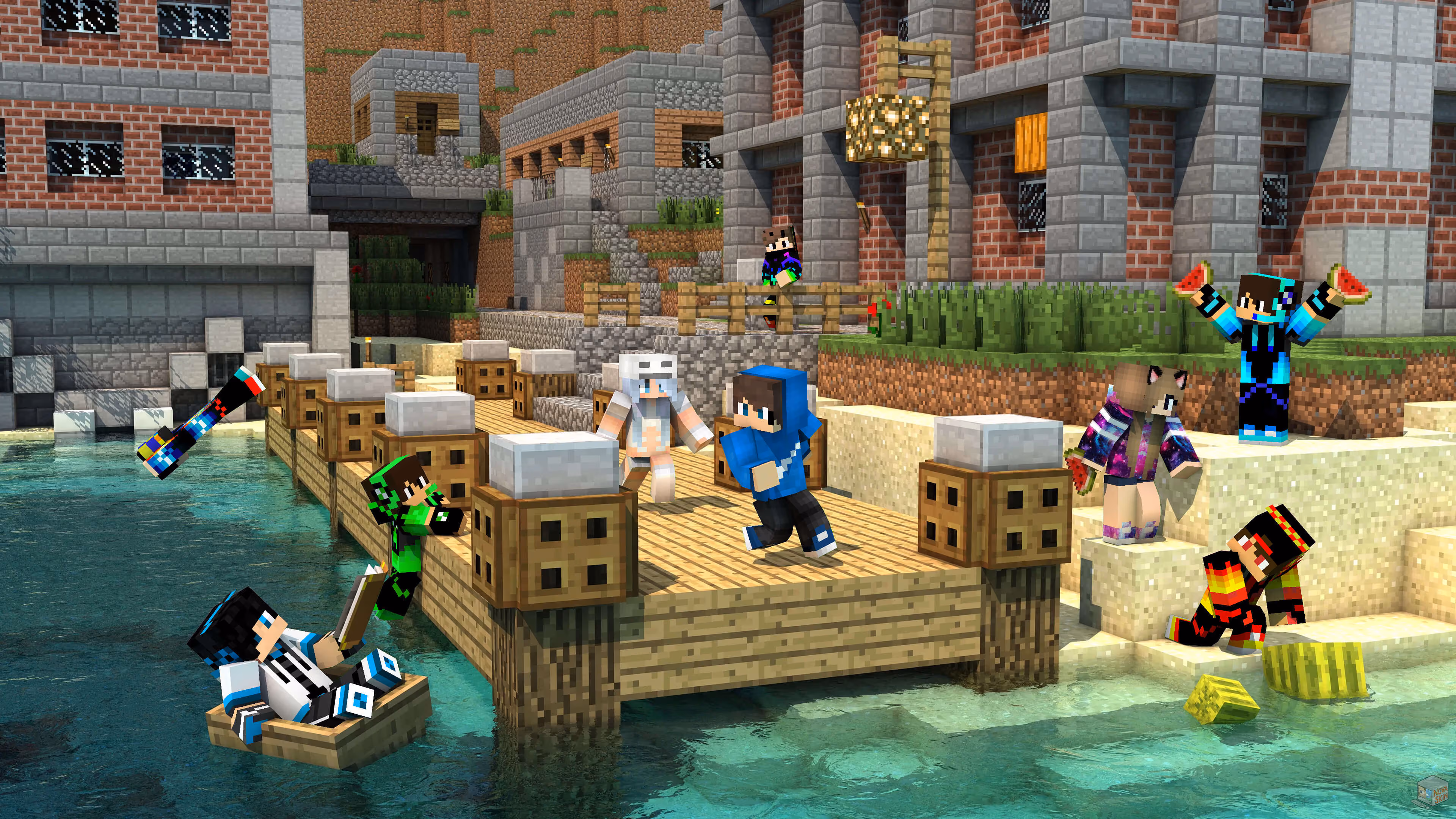 Minecraft players gathered around a crafting table
