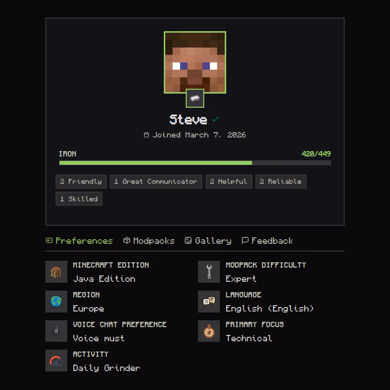 A player profile showcasing the player's preferences